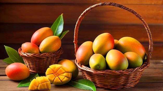 ripe mangoes in a basket on a wooden table as inspiration for a poem about the swee