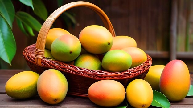 ripe mangoes in a basket on a wooden table as inspiration for a poem about the swee