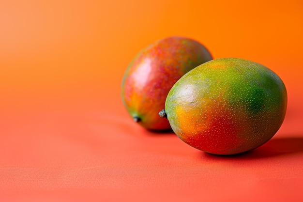 Photo ripe mangoes on linen isolated on an orange gradient background