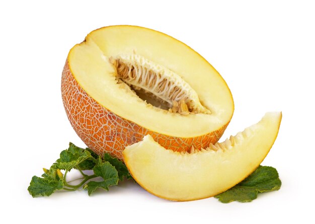 Ripe orange melon with green leaf isolated on white background cantaloupe melon slices isolated on white background This has clipping path