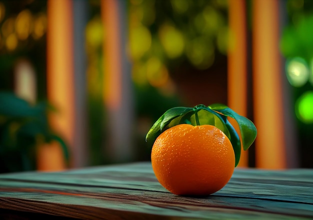 Ripe orange orange on a wooden table on a garden background