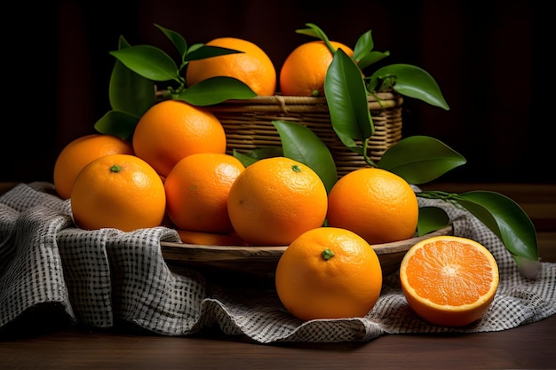 Ripe oranges with green leaves on wooden table