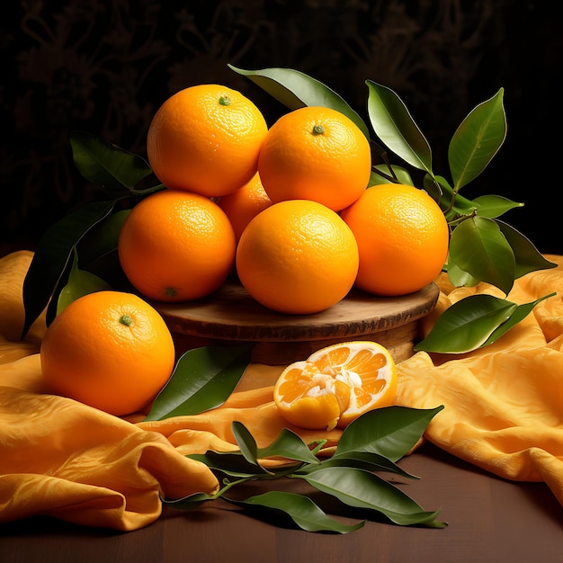 Ripe oranges with green leaves on wooden table