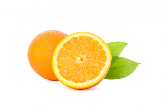 Ripe oranges with leaves isolated on white. Citrus food