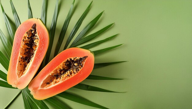 Photo a ripe papaya is shown on a green background