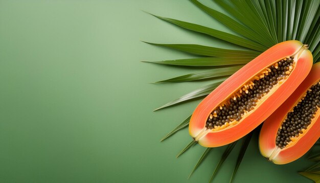 a ripe papaya is shown on a green background