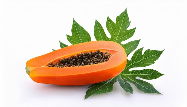 Photo a ripe papaya with green leaves and a green leaf