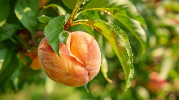 Ripe Peach Hanging on Tree Vibrant Orange Fruit