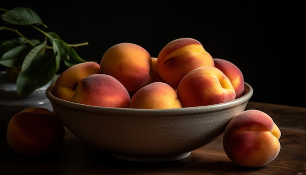 Ripe peach and nectarine in organic fruit bowl generated by AI