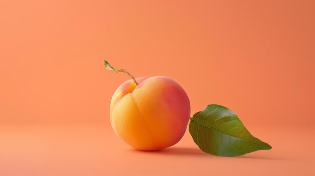 Photo a ripe peach and a vibrant green leaf stand out against a vibrant orange background