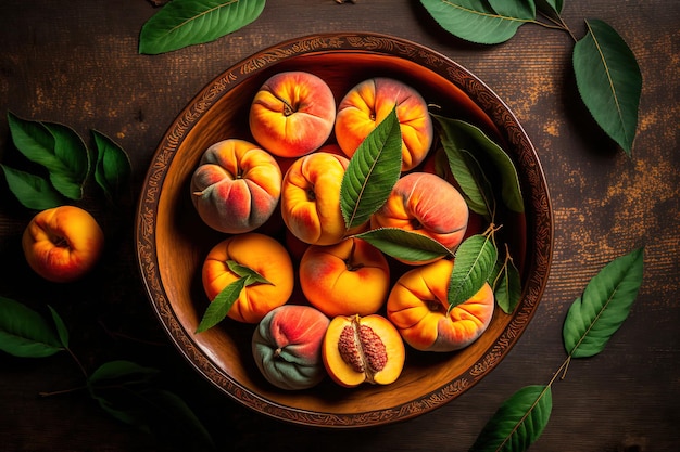 Ripe peaches in a bowl with leaves on a wooden table top view