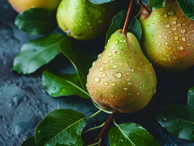 Photo ripe pears with water droplets and green leaves neural network ai generated art