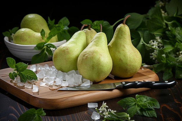 Ripe Pears on a Wooden Cutting Board with a Knif