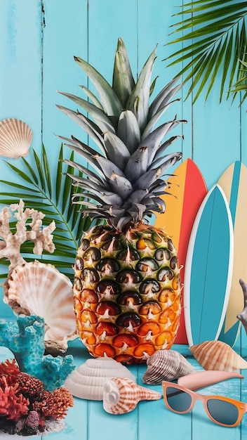 Ripe pineapple and beach sea life style objects over pastel mint blue wooden background