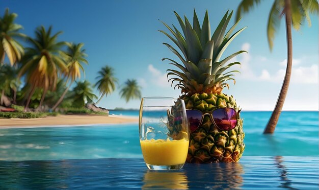 A ripe Pineapple fruit and a glass of cooling pineapple juice on the seaside