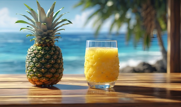 A ripe Pineapple fruit and a glass of cooling pineapple juice on the seaside