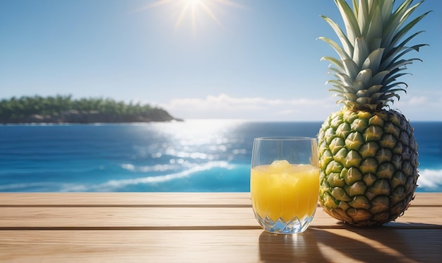 A ripe Pineapple fruit and a glass of cooling pineapple juice on the seaside