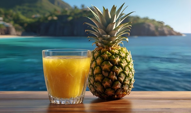 A ripe Pineapple fruit and a glass of cooling pineapple juice on the seaside