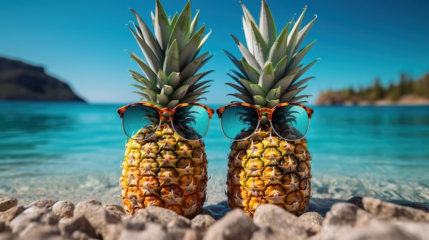 Ripe pineapple with glasses on beach sand