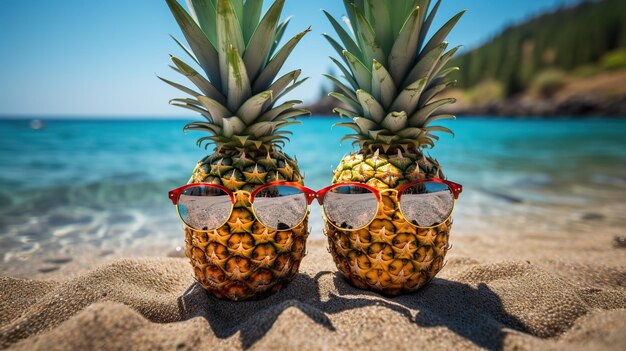 Ripe pineapple with glasses on beach sand