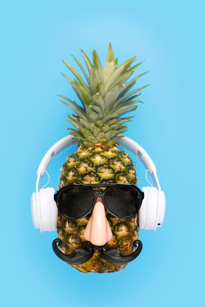 Ripe pineapple with sunglasses and headphones on blue background