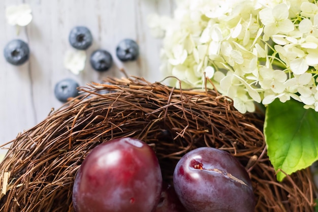 Ripe plums in a vine cinnamon on a wooden background