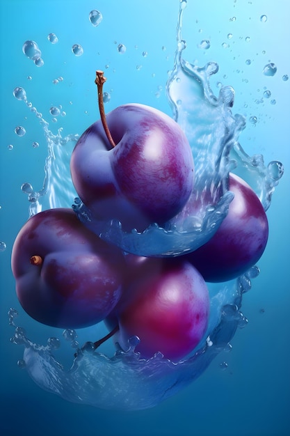 Ripe plums with splashes of drops of water or juice on a blue background Generative AI 1