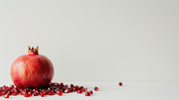 Ripe pomegranate is resting on a pile of its seeds on a white background with copy space