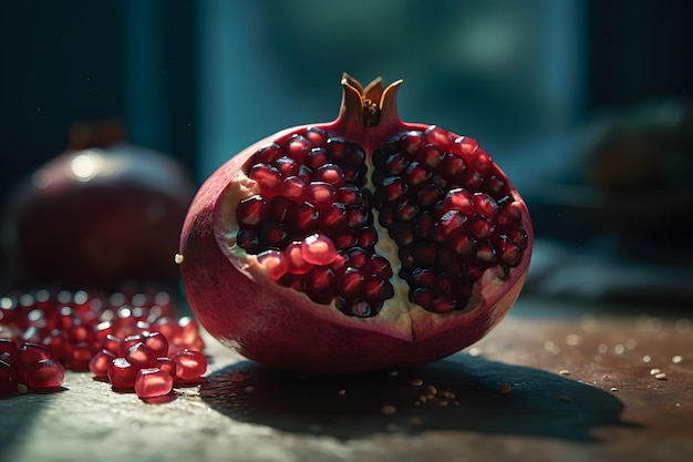 Ripe pomegranate with juicy seeds on old wooden table Neural network AI generated