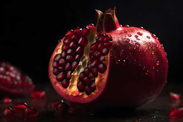 Ripe pomegranate with juicy seeds on old wooden table Neural network AI generated