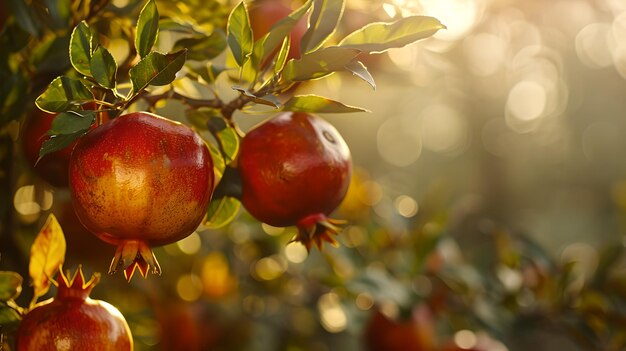 Photo ripe pomegranates hanging on sunlit tree branches fresh fruits in nature healthy eating concept organic farming scene vibrant colors in golden hour light ai