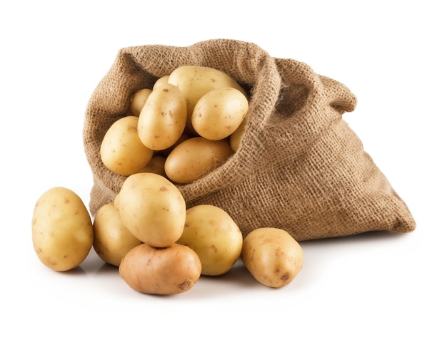 Ripe potatoes in burlap sack Ai Isolated on white background