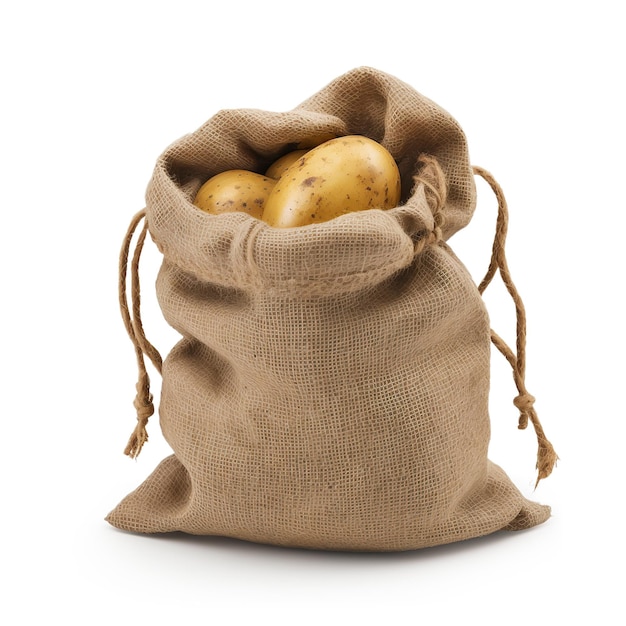 Ripe potatoes in burlap sack Ai Isolated on white background