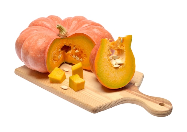 Ripe Pumpkin with Slice on Board on White Background