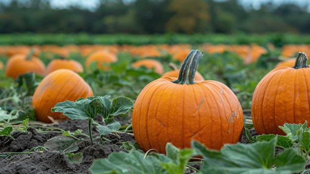 Photo ripe pumpkins sit in a field ready for harvest the orange pumpkins stand out against the green folia