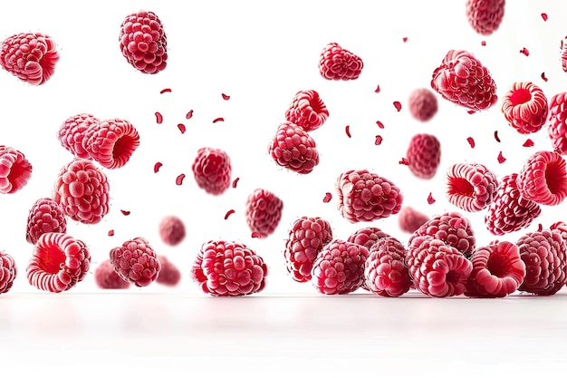 Photo ripe raspberries flying isolated on white background summer food concept