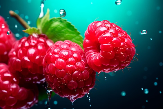 Ripe raspberries Organic fresh raspberries Juicy raspberry with water droplets Background AI gen