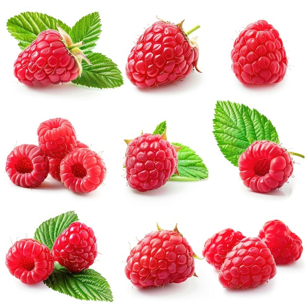 Ripe raspberries with leaf isolated on a white background