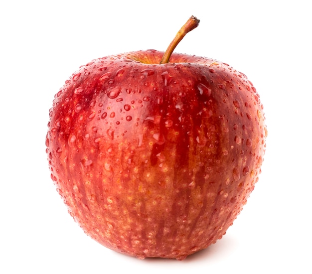 Ripe red Apple in water drops on white, closeup.