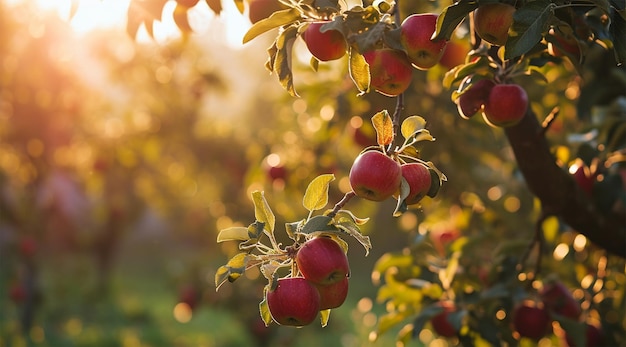 Ripe red apples on apple tree branch in orchard at sunset