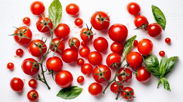 Ripe red cherry tomatos and basil on white background