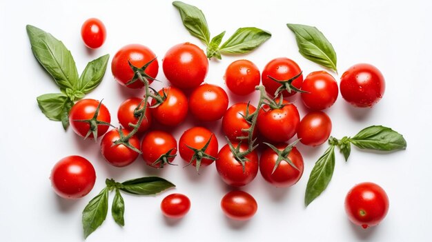 Ripe red cherry tomatos and basil on white background