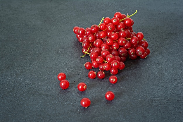 Ripe red currants on a dark background. Fresh summer berries, healthy vitamins.