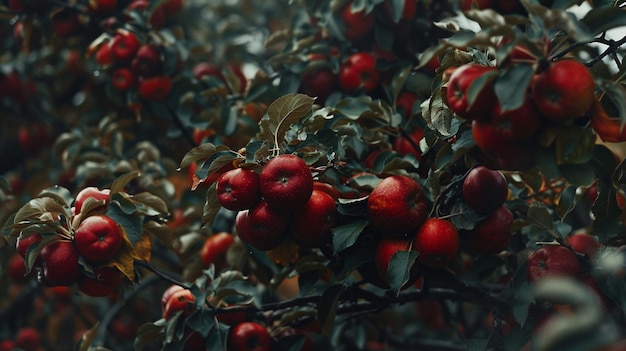 Ripe red organic apples on the tree Generate Ai