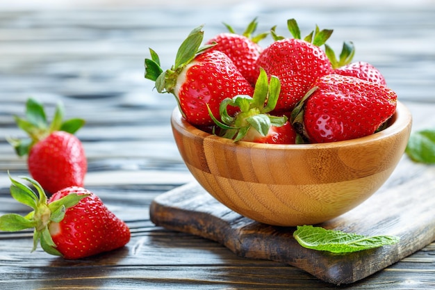 Ripe red strawberries in a wooden bowl