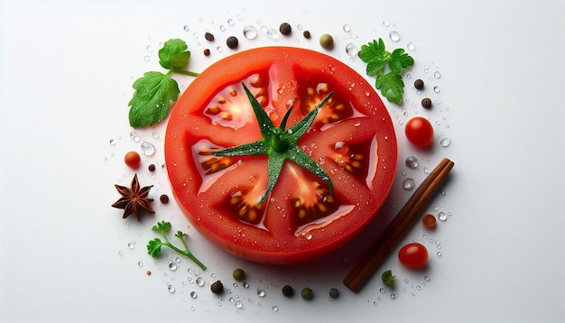 Ripe Red Tomatoes With Green Stems and Water Droplets on a White Surface