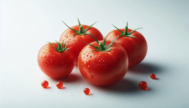 Ripe Red Tomatoes With Green Stems and Water Droplets on a White Surface