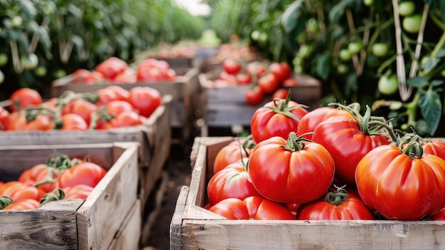 ripe red tomatoes in wooden boxes on a tomato plantation tomato harvest