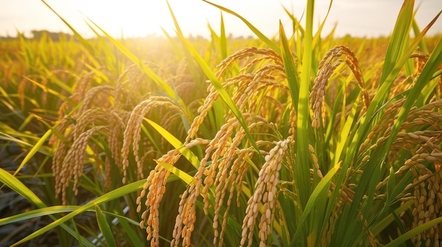 Ripe rice in a field under warm sunlight closeup