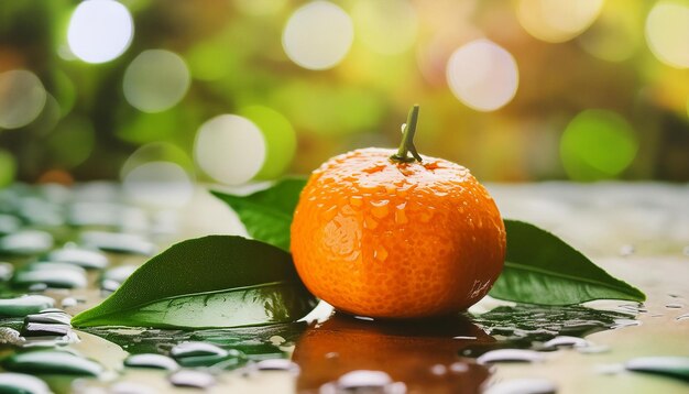 Photo ripe satsuma mandarin and green leaves on wet surface citrus unshiu japanese mandarin tasty fruit